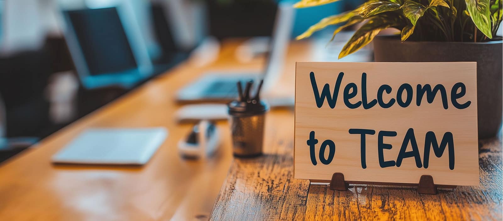 Handgeschriebenes Schild mit der Aufschrift Welcome to Team auf einem Schreibtisch